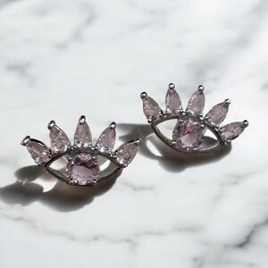 Silver tone Evil Eye Pink CZ Stud Earrings .925 posts